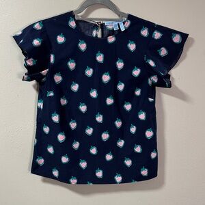 Draper James Navy womens Blouse with Strawberry Pattern preppy girl size 2 6120